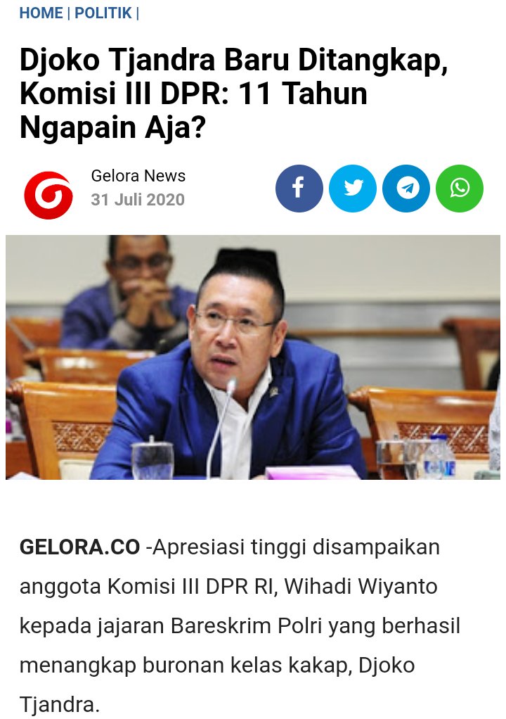 "Saya meminta aparat penegak Hukum tidak hanya berhenti pada penangkapan Djoko Candra. Namun, menindaklanjuti kasus yang menjerat sejumlah perwira polisi maupun kejaksaan atas kasus hak tagih Bank Bali tersebut". 
<a href="/habiburokhman/">HabiburokhmanJktTimur</a>
@Don_dasco
gelora.co/2020/07/djoko-…
