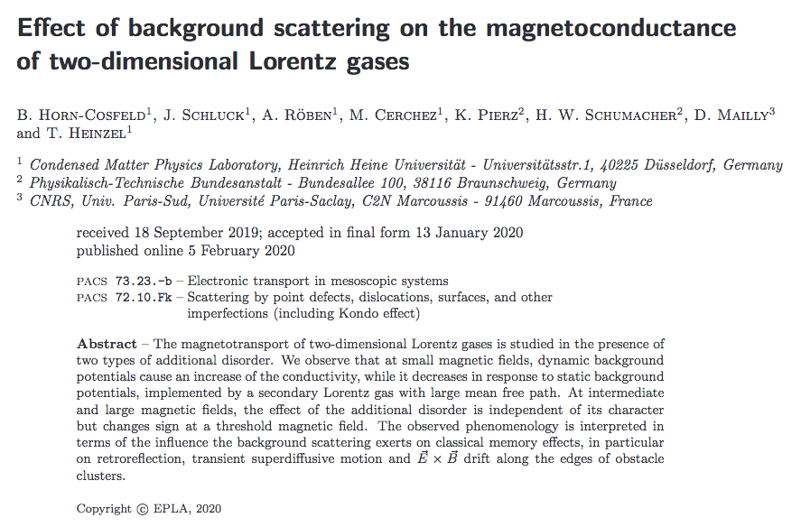 Effect of background scattering on the magnetoconductance of two-dimensional Lorentz gases by B. Horn-Cosfeld, J. Schluck, A. Röben, M. Cerchez, K. Pierz, H. W. Schumacher, D. Mailly and T. Heinzel @HHU_de @CNRS @u_psud @UnivParisSaclay - bit.ly/3ggJbN7