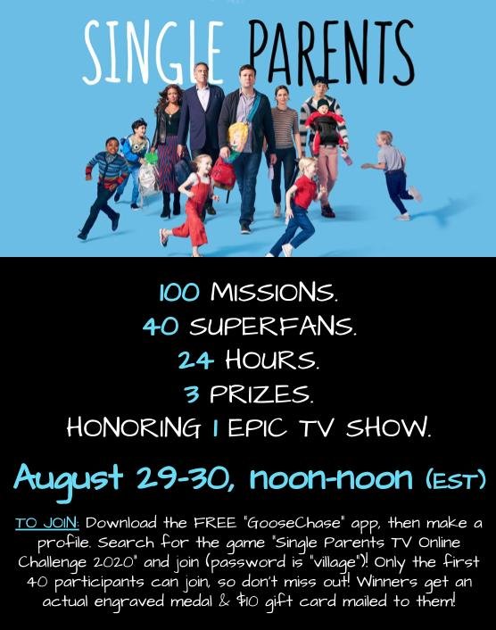CelesteNicoleF's tweet photo. @SingleParentsTV superfans, this one's for you! Download the app, join the game, and PLAY with us on August 29-30, noon-noon (EDT)! Real prizes for the top 3 scores! #singleparents #singleparentstv #savesingleparents #SaveSingleParentsTV #goosechase #scavengerhunt #SPstansunite https://t.co/Gf14umnXQC