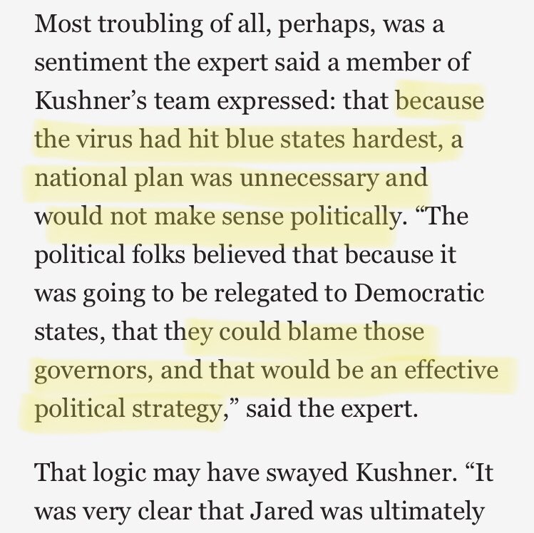 Your grandparents and parents and neighbors and friends suffering and dying alone is an “effective political strategy” and doesn’t bother the president’s soulless minions as long as they all die in the right zip codes.