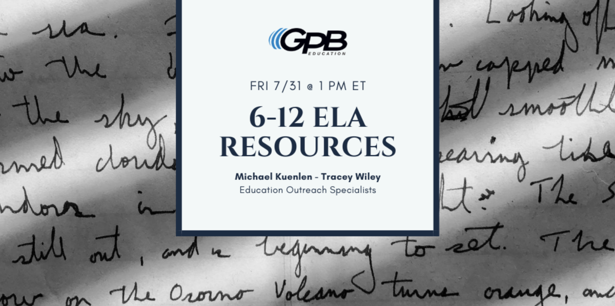 GPBEducation's tweet photo. Calling all 6-12 #ELA teachers! Join us TODAY at 1 PM ET for an exploratory overview of free resources from @pbsteachers and @GPBEducation. 

Register: https://t.co/uN0cHCo8Ok
#KeepGALearning https://t.co/9U8bLUEjiG
