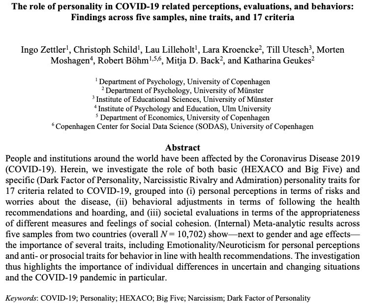 robert_bohm's tweet photo. 📢 PREPRINT UPDATE: https://t.co/BkqNxPbUml 📢 We investigate the role of personality in COVID-19 related perceptions, evaluations, and behaviors across 5 samples from DK and GER (overall N = 10,702), 9 traits, and 17 outcome criteria. In short: Individual differences matter! https://t.co/BwKSx0ybMR