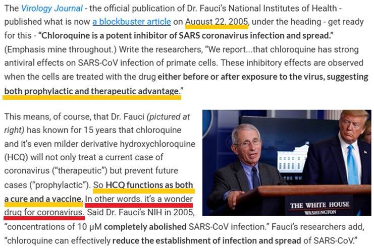 Interesting that 15 years ago The Great & Powerful Fauci led a study on HCQ and corona virus. All reports were good. But that was then.