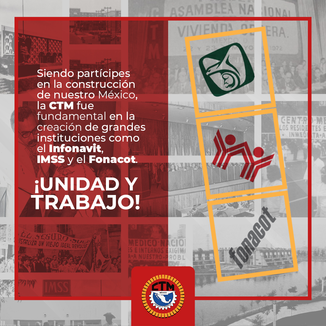 CTM_MX's tweet photo. La @CTM_MX fue partícipe e impulsora en la creación de grandes instituciones sociales tripartitas como el @Tu_IMSS, el @Infonavit  y el @Fonacot_oficial, las cuales actualmente son fundamentales en el combate contra la pandemia por el coronavirus #COVID19.

¡Unidad y Trabajo! https://t.co/zY8rKT3lss