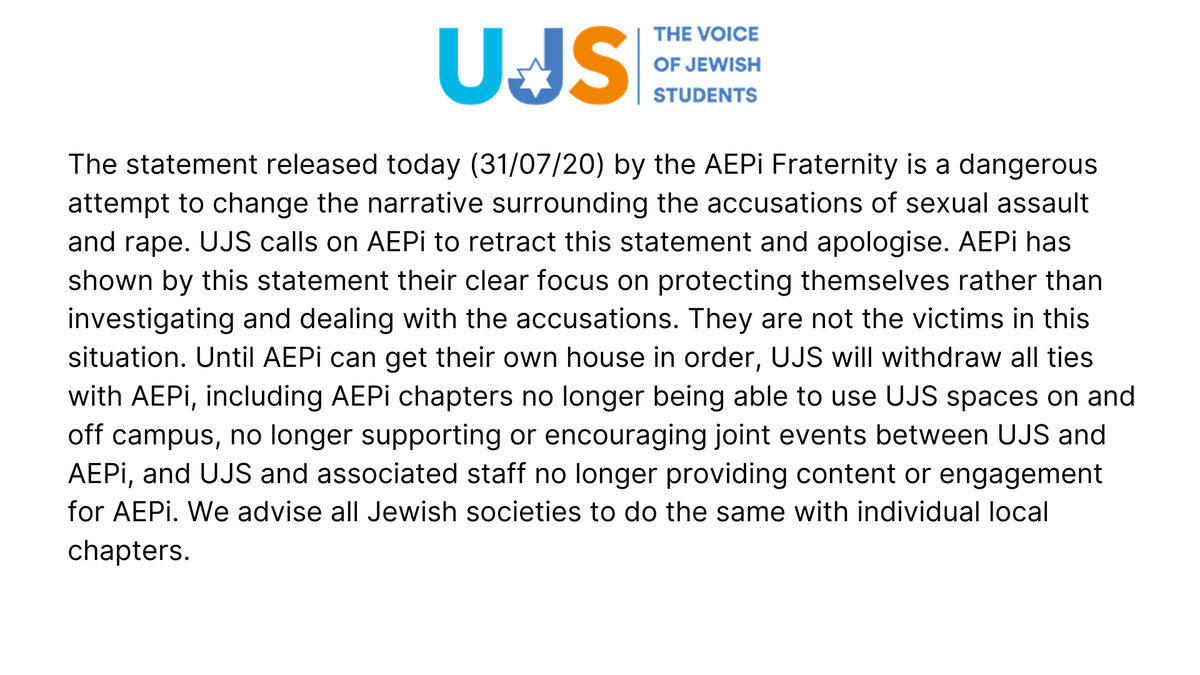 UJS Statement responding to AEPi (thejc.com/news/uk/frater…) 

**Content Warning: Sexual Assault and Rape**