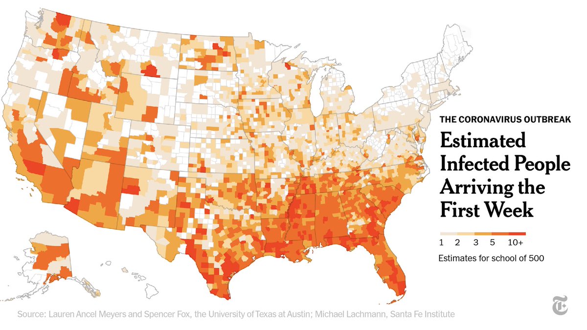 nytimes's tweet photo. Estimates range from sobering to reassuring.

More than 80% of Americans live in a county where at least one infected person would be expected to show up to a school of 500 students and staff if school started today. https://t.co/8wbYUVpZV0 https://t.co/o51oG0AoyF