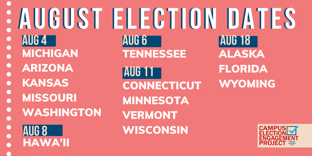 CivicInfluencer's tweet photo. As we move into August, we get ready for 14 more Primary Elections! 
Voting this month? Check out our 2020 Primary and Caucus Guides  ➡️https://t.co/gqupWKyir8
#StudentsVote #GenZVotes https://t.co/cADuoQV2Zl