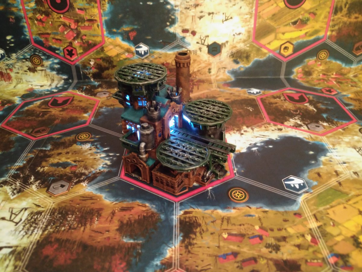 MeepleForge's tweet photo. Finished the paint job on my Factory for Scythe. This is designed to be used with or without a battery operated LED Tea Light.  #Scythe #Boardgames #instantDownload #PrePrinted https://t.co/ChZBDDGxbd