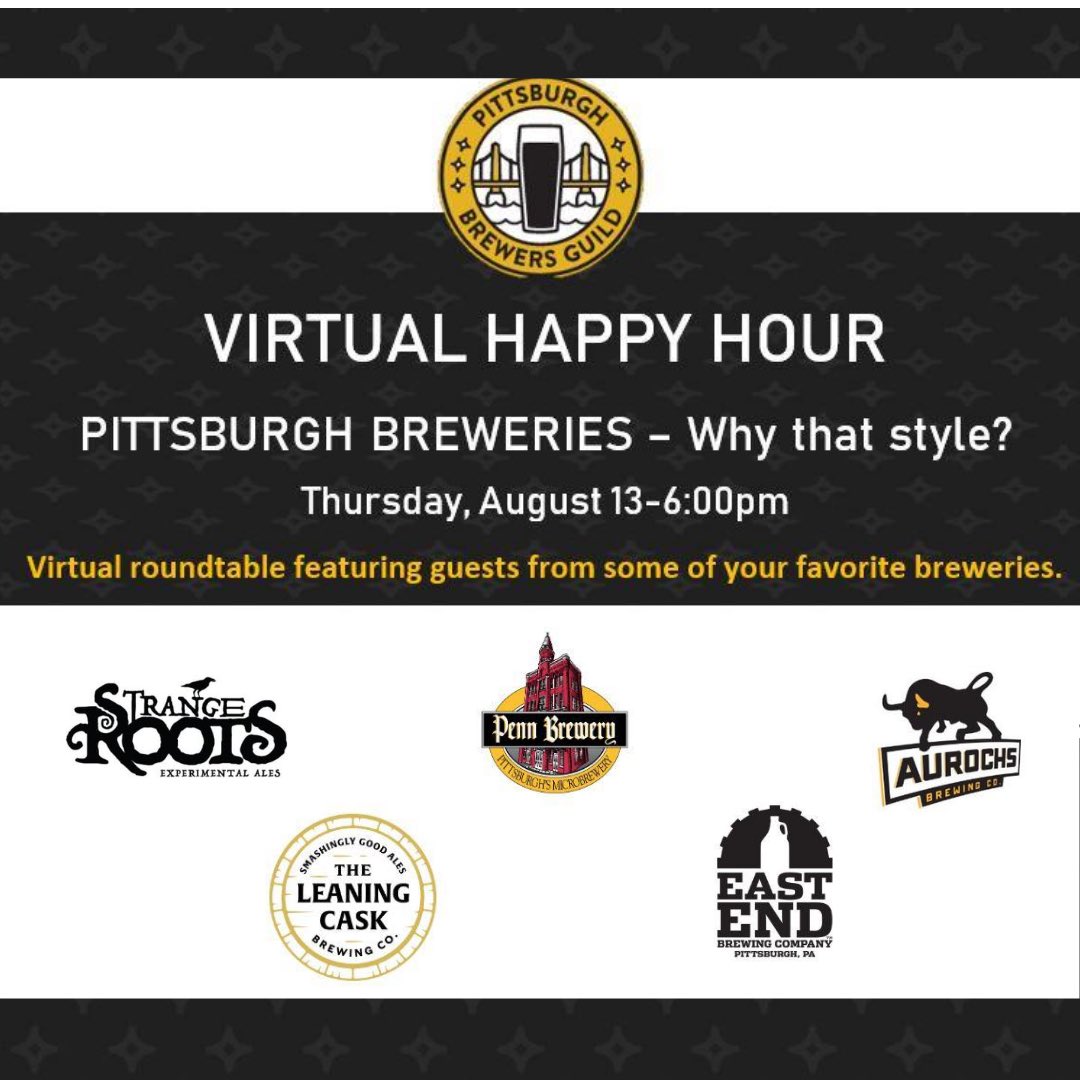Save the Date for our next virtual happy hour!

Thursday, August 13 6:00 pm 

Featuring guests from some of your favorite local PGH breweries. Learn more about these breweries, the beer styles they feature, and what they're working on next. 

Watch for registration soon!