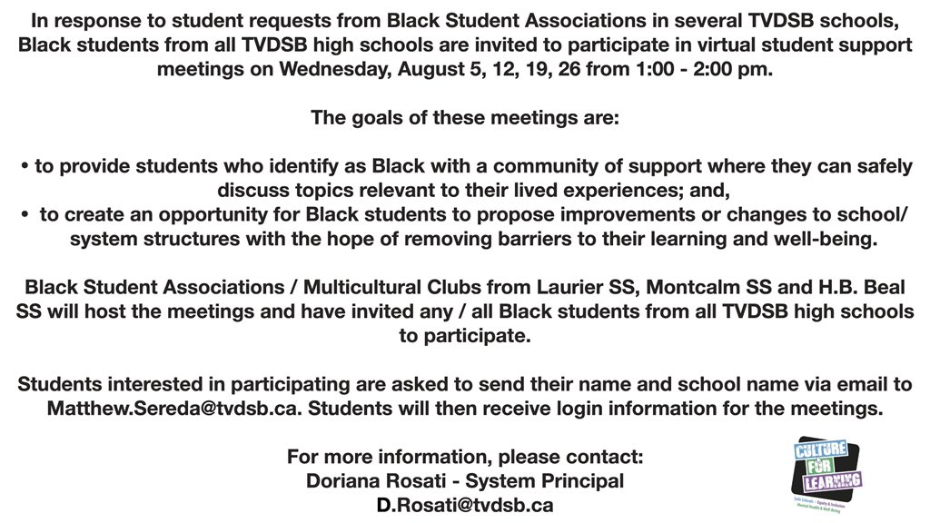 TVDSB Equity and Inclusive Education (@tvdsbequity) on Twitter photo In response to student requests from Black Student Associations, Black students from all <a href="/TVDSB/">Thames Valley DSB</a> high schools are invited to participate in virtual student support meetings in August. Click on the image below for more information. <a href="/Purveen_Skinner/">Purveen Skinner</a> In response to student requests from Black Student Associations, Black students from all <a href="/TVDSB/">Thames Valley DSB</a> high schools are invited to participate in virtual student support meetings in August. Click on the image below for more information. <a href="/Purveen_Skinner/">Purveen Skinner</a>