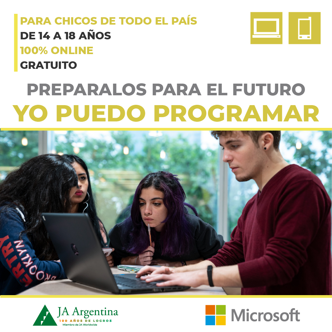 Si te interesa la #tecnología y tenes entre 14 y 18 años este curso es para vos! "Yo Puedo Programar" por @MSFTArgentina y @FundacionJAA 
Programa gratuito. 100% ONLINE. No requiere conocimientos previos. ✍ Más información: junior.org.ar/yopuedoprogram…