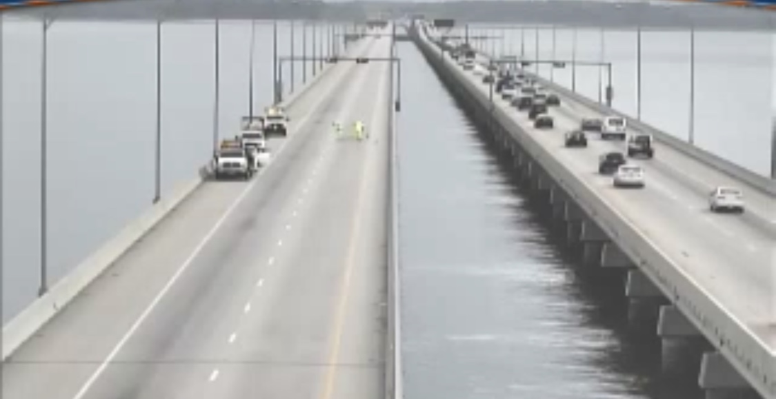 WTKR3's tweet photo. #Traffic alert: I-664 N at #MMMBT shut down while @VaDOT cleans up debris on the bridge; expect delays https://t.co/VjZkE9ui6z https://t.co/y6NSNzgMKv