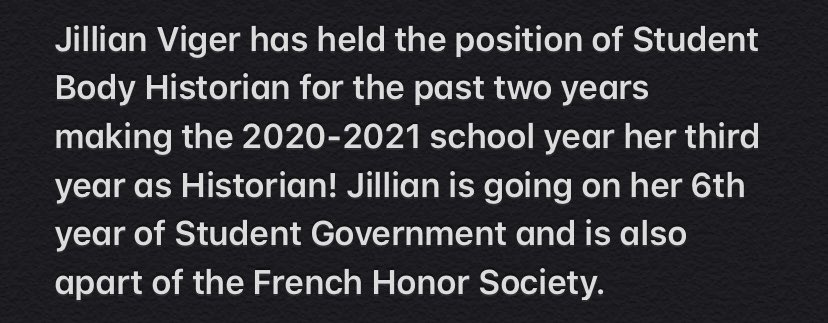 CasteelStuGo's tweet photo. Jillian Viger is your 2020-2021 Student Body Historian! https://t.co/14Ug7AQhv0
