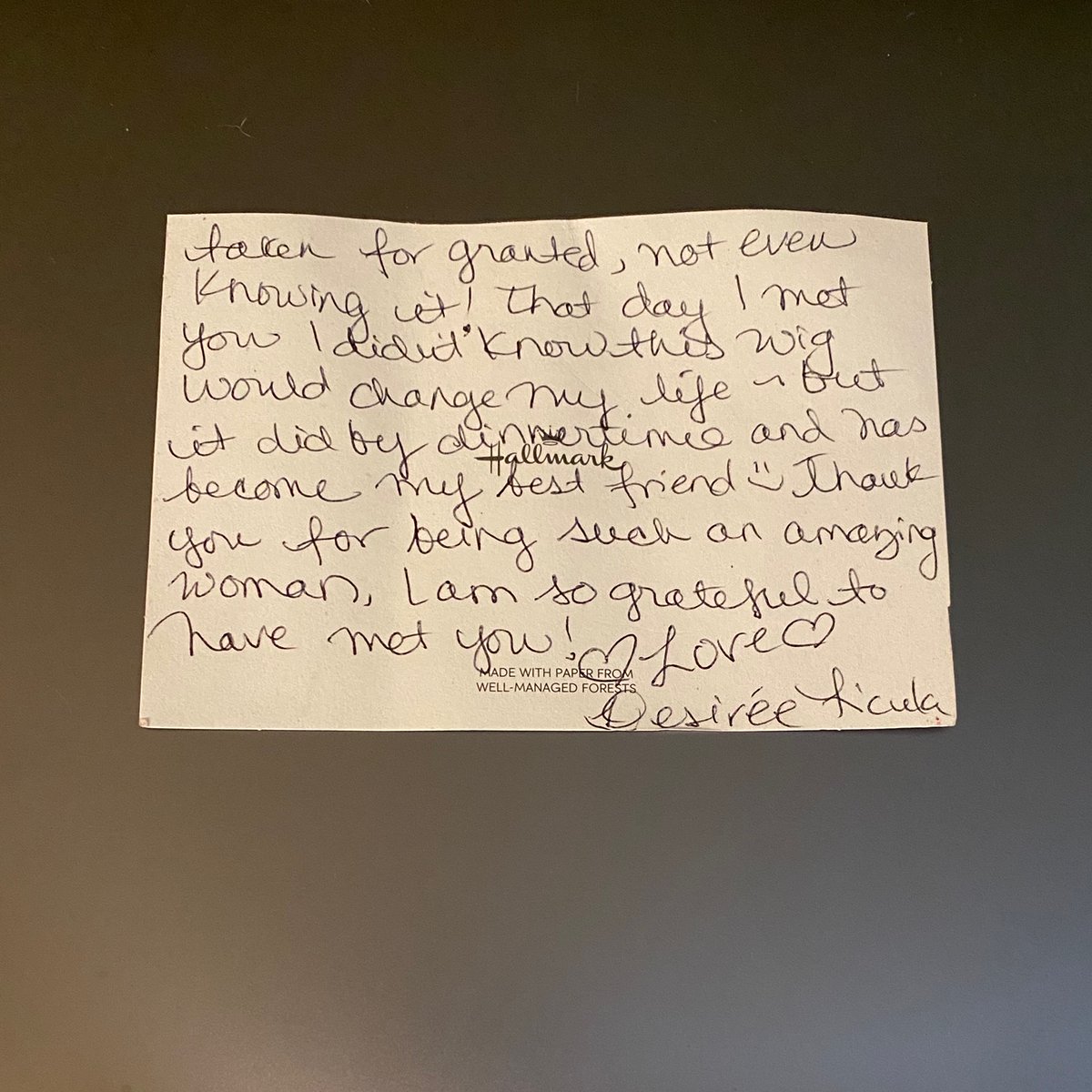 5Under40's tweet photo. #fbf This beautifully written ty note is fr: Desiree, dx 31, a frmr @Wilhelmina model, now, RN whom we bought a wig for 😱 We’ve received many notes from our women whom we took to chemo, took for #3Dnipples or a note of thanks for attending a meetup. We miss you so all! #5under40 https://t.co/6UDrfD1inV