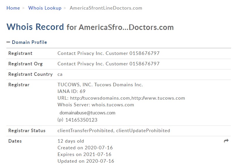 “America’s Frontline Doctors” appears to be a brand new group associated with the conservative group Tea Party Patriots Action, or TPPatriots. According to Whois, their site was registered online on July 16, less than 10 days before the press conference.  https://www.snopes.com/news/2020/07/30/americas-frontline-doctors/?utm_source=thread&utm_medium=social&utm_campaign=fl-thread