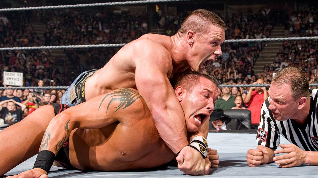 WWE's tweet image. A classic rivalry was born at #SummerSlam 2007, as @JohnCena and @RandyOrton went toe-to-toe for the #WWETitle. 

wwe.com/videos/john-ce…

(Courtesy of @WWENetwork)