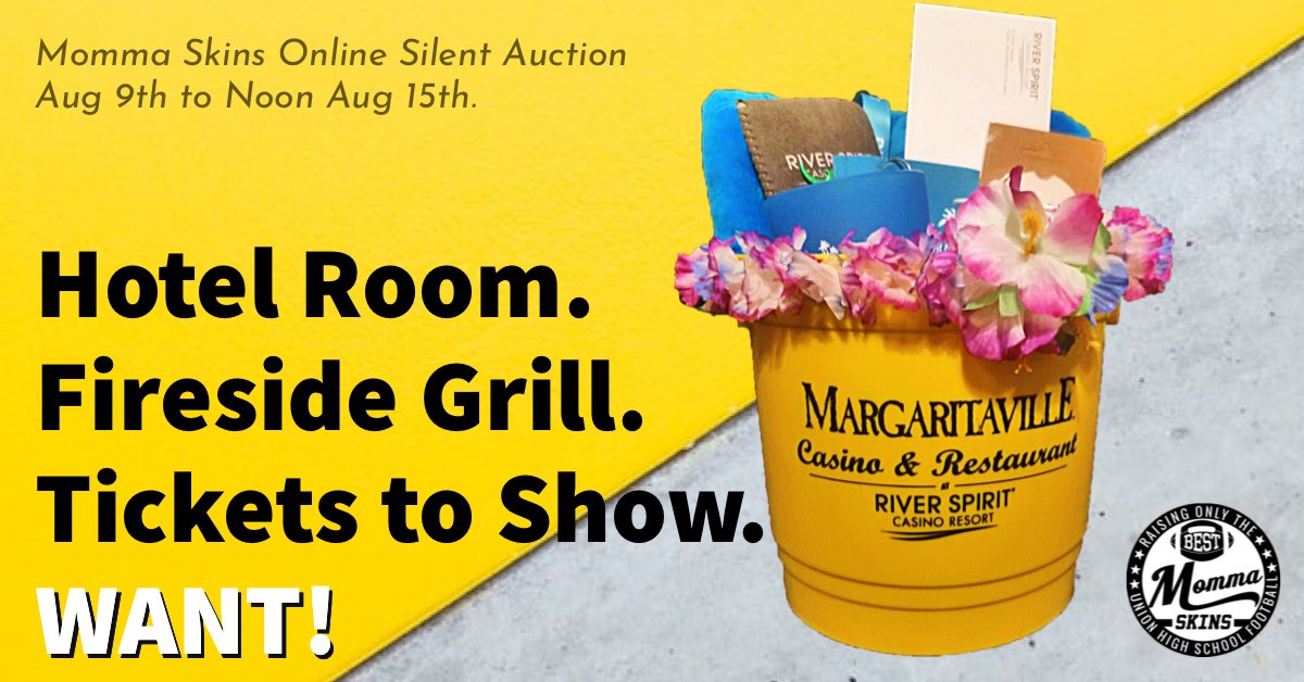 The Annual Momma Skins Silent Auction will be ONLINE this year! 

Opens Sun Aug 9 at noon - Closes Sat Aug 15 at noon! 

Winners will claim their items at Football Day at Union celebration on 8/15.  

Watch for more incredible items to bid on like this one from <a href="/TulsasCasino/">River Spirit Casino Resort</a>!
