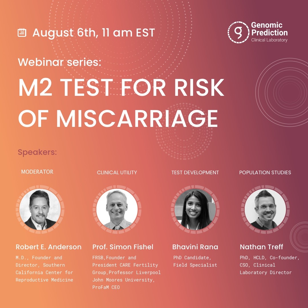 Genomic Prediction (@genomprediction) on Twitter photo We wish to invite you to the Webinar "M2 Test for Risk of Miscarriage", which will take place on Thursday August 6th at 11:00 am EST, including esteemed guest speaker Prof. Simon Fishel and moderator Dr. Robert Anderson. Register here: bit.ly/318tOjw <a href="/simonfishel_ivf/">Simon Fishel</a> We wish to invite you to the Webinar "M2 Test for Risk of Miscarriage", which will take place on Thursday August 6th at 11:00 am EST, including esteemed guest speaker Prof. Simon Fishel and moderator Dr. Robert Anderson. Register here: bit.ly/318tOjw <a href="/simonfishel_ivf/">Simon Fishel</a>
