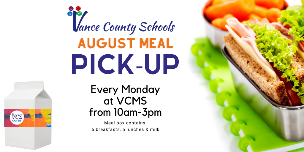 Vance County Schools continues to be committed to our students. We have meal boxes available for pick-up every Monday from 10am-3pm at Vance County Middle School.