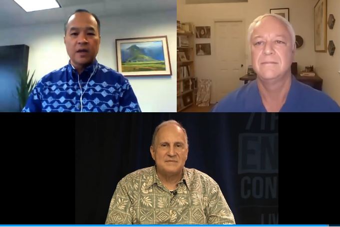 HIenergyConf's tweet photo. The 7th Hawaii Energy Conference was live streamed yesterday with record 649 attendees. Scott Seu of @HwnElectric kicked off with a Keynote that included Q & A moderated by Program Committee Chair & Vice Chair. Sign up for updates and replays at https://t.co/S1EYuvrytC #HEC2020 https://t.co/7bId1tZdV0