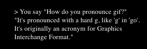 > You say "How do you pronounce gif?"
"It's pronounced with a hard g, like 'g' in 'go'. It's originally an acronym for Graphics Interchange Format."
