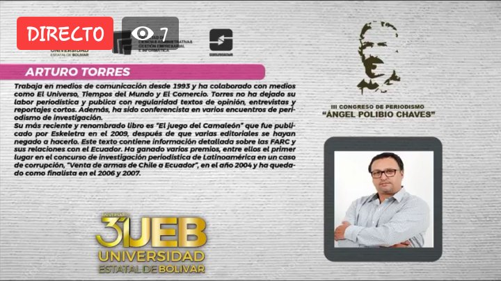 JoshHurtad14's tweet photo. El #lllCongresodePeriodismo
"Ángel Polibio Chaves" presenta al sexto conferencista el MGS. @Cascabelito09 con su tema: "Periodismo de investigación en tiempos de pandemia" desde Ecuador 🇪🇨
#PeriodismoUEB2020
@comunicacionueb @edualban1 https://t.co/cmn5iNIAub