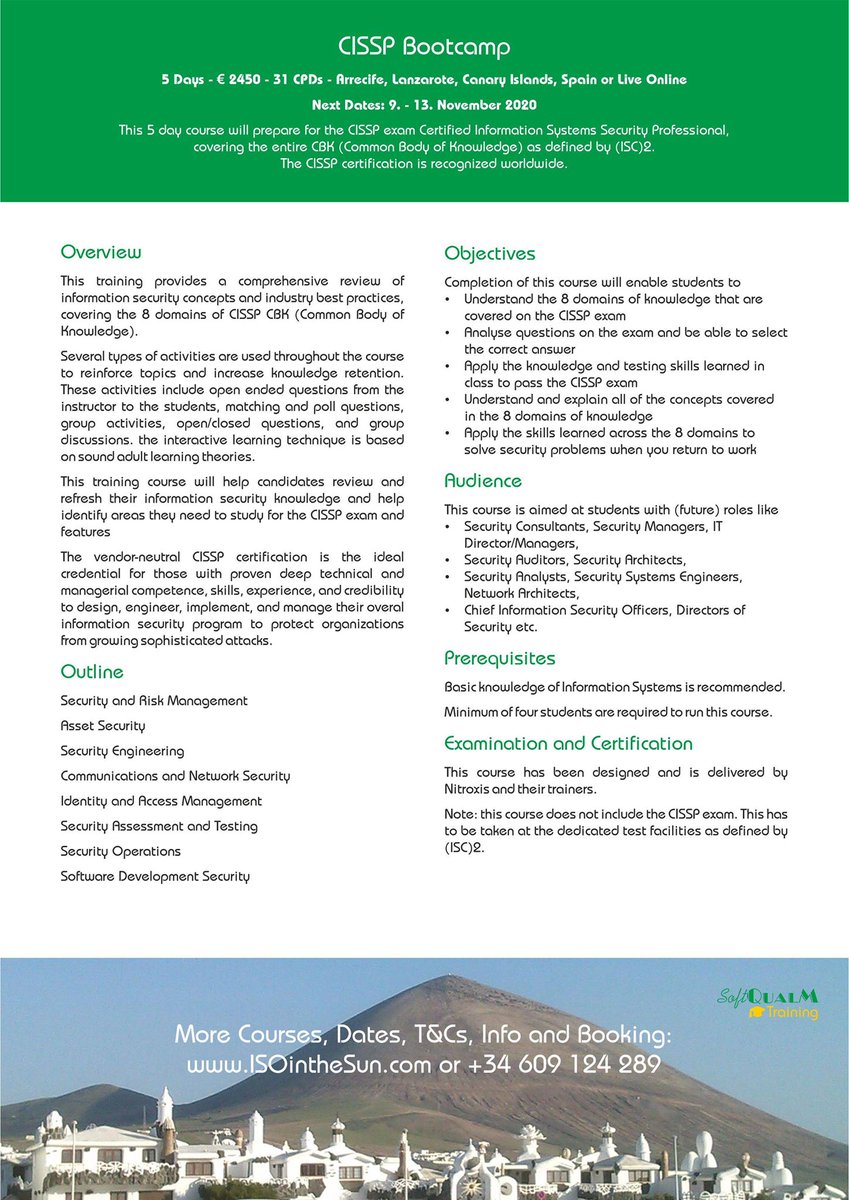 ISOintheSun's tweet photo. 💻CISSP Bootcamp | 9-13th November 2020 | Arrecife, Lanzarote, Canary Islands, Spain or Live Online with @Depaepef 

▶️For more details and booking see here: https://t.co/1tY9KQTzq1

#cybersecurity #training @Lanzaroteba https://t.co/6PMc4LcC0I