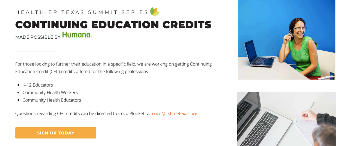 HealthierTX's tweet photo. Did you know you can earn Continuing Education Credits (CECs) by joining our #HealthierTexasSummit Series sessions? Find out more at https://t.co/CfkzuFtcGX.

Thank you to @Humana for making this offer possible! Tune into our next session on August 4 at https://t.co/Rf6lCowF6O. https://t.co/B68SNDkYVG
