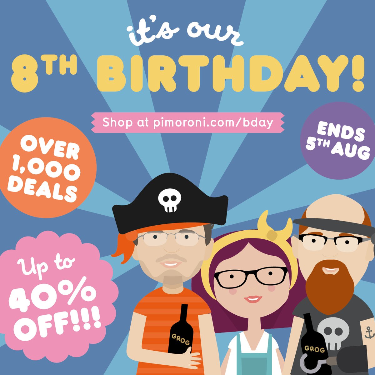 pimoroni's tweet photo. 🎂 It's our 8th Birthday! Get up to 40% off a huge range of booty in store until August 5th! Yarrrrrrrrrrr! 🎂 https://t.co/QuAeHsMJ6q https://t.co/wt3pNeUbZK