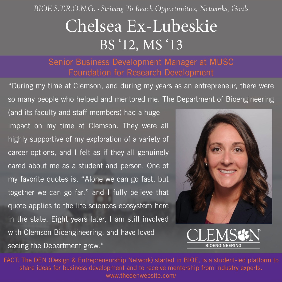 ClemsonBIOE's tweet photo. "One of my favorite quotes is, 'Alone we can go fast, but together we can go far,' and I fully believe that quote applies to the life sciences ecosystem here in the state." - Chelsea Ex-Lubeskie
#alumnipost #teamCUBioE #BIOESTRONG https://t.co/1uIVKuhnmq