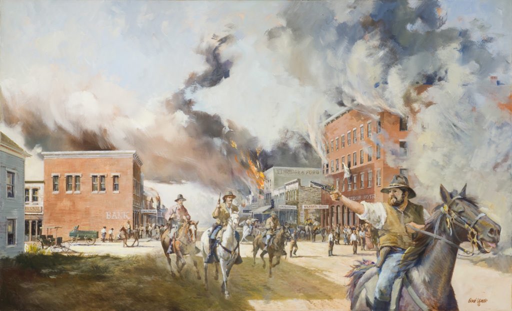 Quantrill’s force numbered between 300 and 450 men. The town was undefended. The raiders rode into town shortly after 5AM, and immediately began committing mass murder. In four hours, they burned nearly every business in town, and murdered 164 unarmed men and boys.