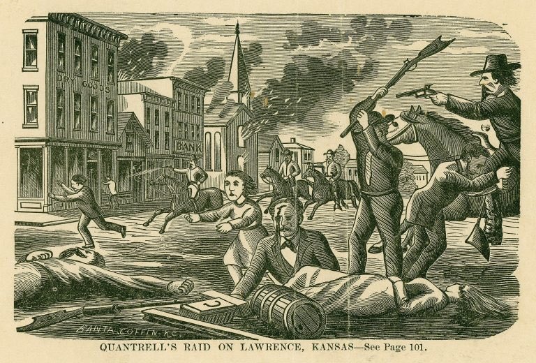 Quantrill’s force numbered between 300 and 450 men. The town was undefended. The raiders rode into town shortly after 5AM, and immediately began committing mass murder. In four hours, they burned nearly every business in town, and murdered 164 unarmed men and boys.