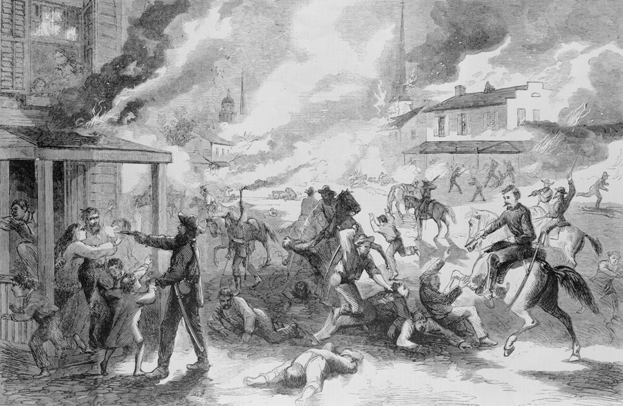 Quantrill’s force numbered between 300 and 450 men. The town was undefended. The raiders rode into town shortly after 5AM, and immediately began committing mass murder. In four hours, they burned nearly every business in town, and murdered 164 unarmed men and boys.