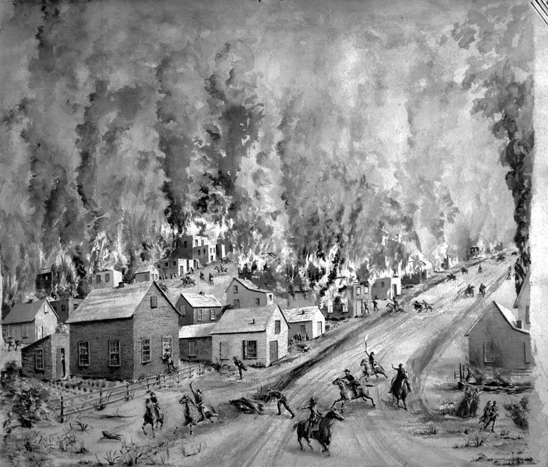 Quantrill’s force numbered between 300 and 450 men. The town was undefended. The raiders rode into town shortly after 5AM, and immediately began committing mass murder. In four hours, they burned nearly every business in town, and murdered 164 unarmed men and boys.