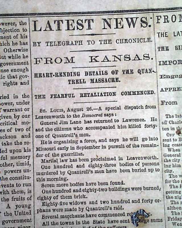 The country was outraged. The confederacy disavowed the raid and withdrew all support of Quantrill and similar guerrilla bands. The local Union commander, General Thomas Ewing, issued General Order #11, forcing the removal of civilians from four Missouri counties on the border.