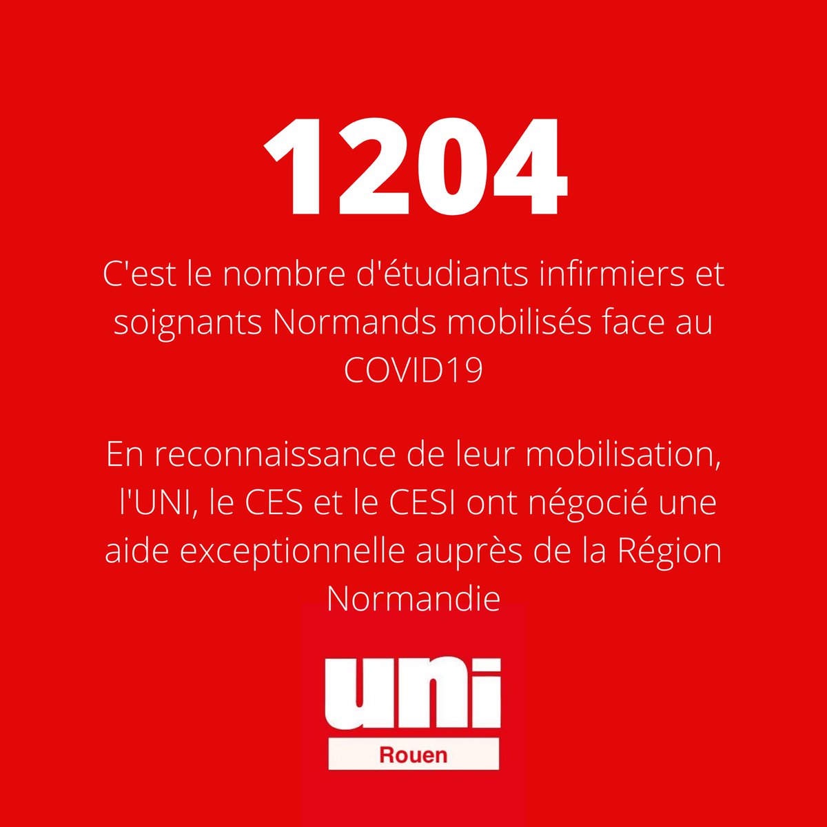 unirouen's tweet photo. Grâce à l’appel de l’UNI, du CES et du CESI plus de 1200 étudiants soignants et infirmiers Normands ont bénéficié d’une aide exceptionnelle de la Région Normandie en raison de leur mobilisation face au #COVID19 

➡️ Pour la valorisation du travail et du mérite, rejoins l’UNI ! https://t.co/0FCRu3EuGN