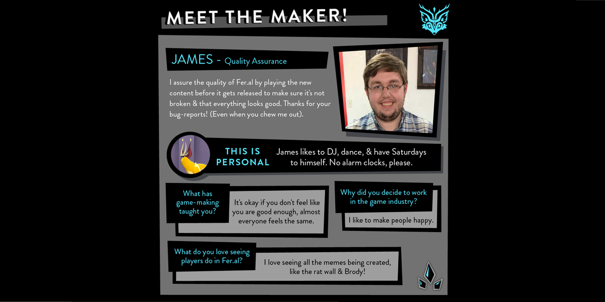 playferal's tweet photo. Have you ever wondered “who exactly is behind the beautiful and strange game that is Feral?” We're continuing our Meet the Maker series featuring https://t.co/3VxeLh874M developers! This month we have James from our hardworking QA Team!

#MeettheMaker #WildWorks #PlayFeral https://t.co/dAVQvCGCKW