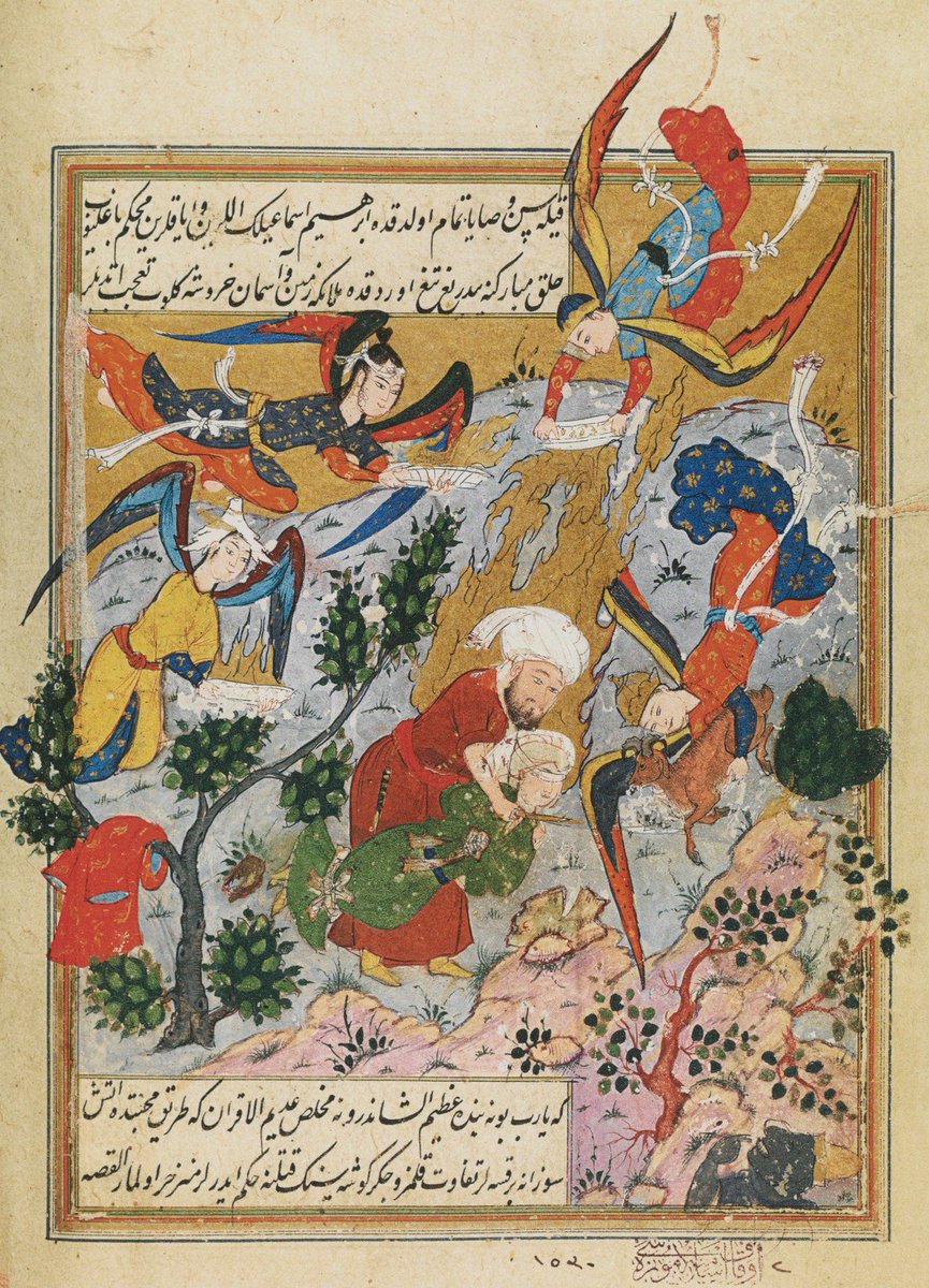 The next two are both from the late 16th c. This one is from Hadikatü's Süeda (TIEM 1967), a book recounting the lives of saints. Ishaq is again blindfolded, but what I love about this one is the angels literally raining holy fire on Ibrahim's head! Such an evocative image.