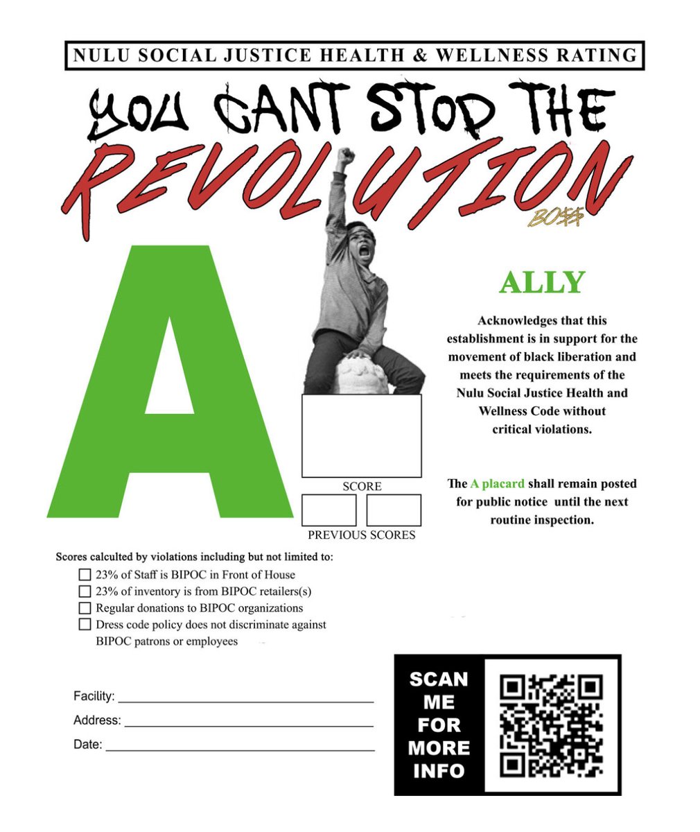 Businesses can be rated either A-"ally", C-"complicit", or F-"failed". An A-rating is a business that supports "black liberation" and that "meets the requirements of the NuLu Social Justice Health and Wellness Code without critical violations." /3