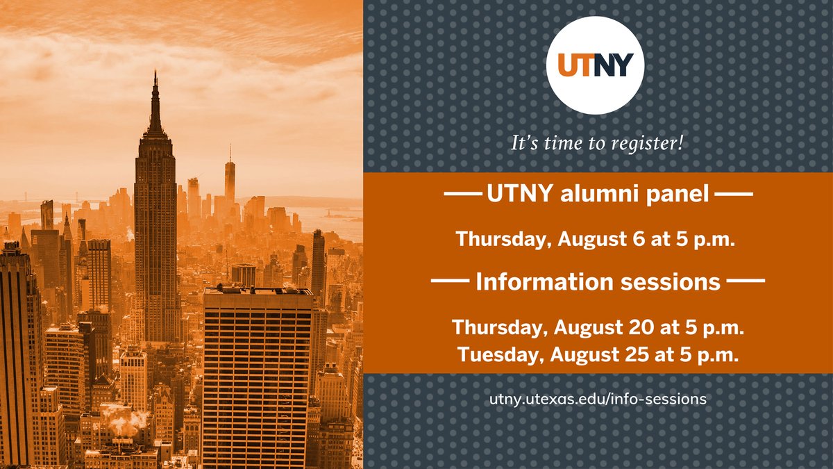 UTexasMoody's tweet photo. Thinking about attending the @UTNYProgram? Hear from #UTNY alumni at our next info session on Thursday, August 6th at 5pm. This is your opportunity to ask questions about living, working and learning in New York City!
RSVP today for the webinar link!
https://t.co/S28kQjJBCB https://t.co/D5VQdDOmJJ
