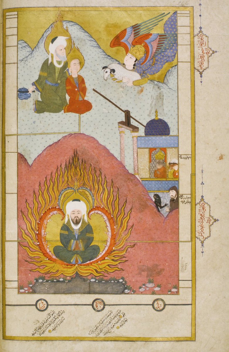 This 1583 painting is from a mss. of Lokman's Zübdetü't-Tevârîh (TIEM 1973). A very different style ! I find it interesting in this one that Ibrahim is making eye contact with the angel who is coming to save his son's life. Also he seems to be holding an axe, not a knife here!