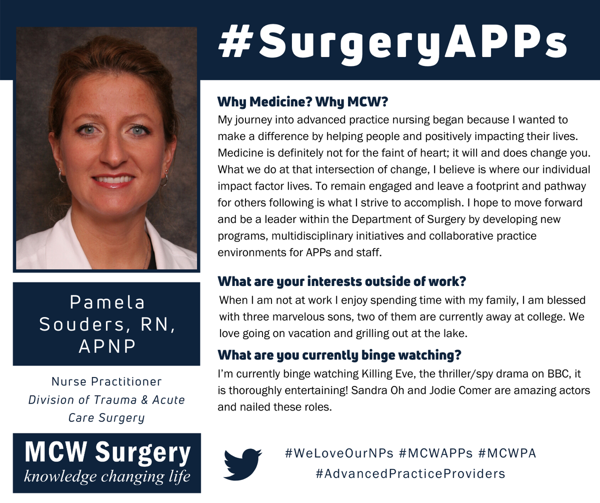 MCWSurgery's tweet photo. Happy #SurgeryAPPs day! Today's feature is Pam Souders, a nurse practitioner from @MCWtraumaacs👩‍⚕️In addition to being an accomplished NP, Pam enjoys spending time with her family and binge watching TV! 📺 Thanks for #LeadingTheWay as a #SurgeryAPP, Pam! 💚💪🏼@MedicalCollege https://t.co/OuMoawsCQV
