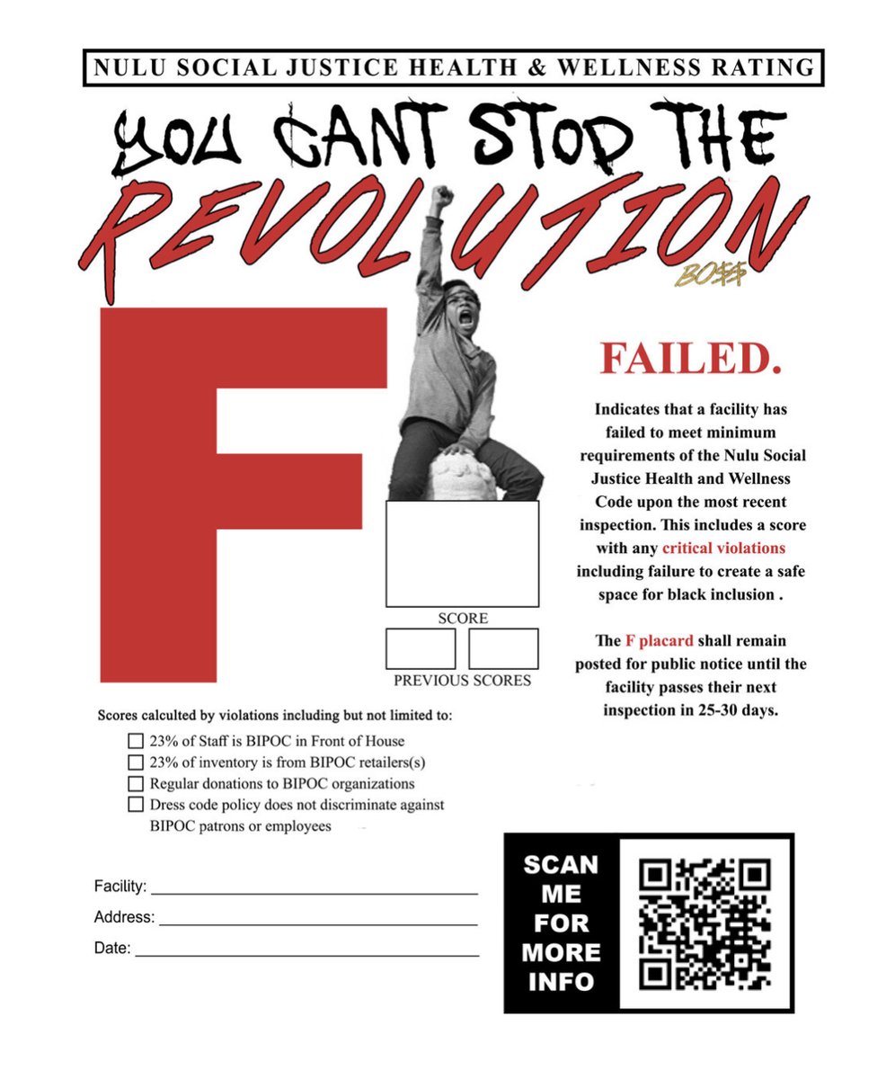 An F-rating indicates a business that has "failed to meet minimum requirements of the NuLu Social Justice Health and Wellness Code." If the inspectors judge that the business is not a "safe space for black inclusion," then the business gets an F-rating./5