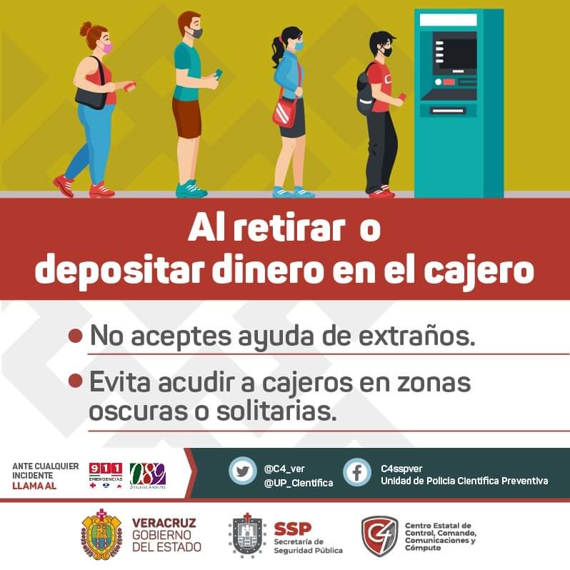 911_Veracruz's tweet photo. #PorTuSeguridad Al retirar o depositar dinero 💵 en el cajero, toma en cuenta las siguientes recomendaciones. #TipsC4Ver.
Recuerda respetar las medidas de #SanaDistancia https://t.co/wRd4mmhkdn