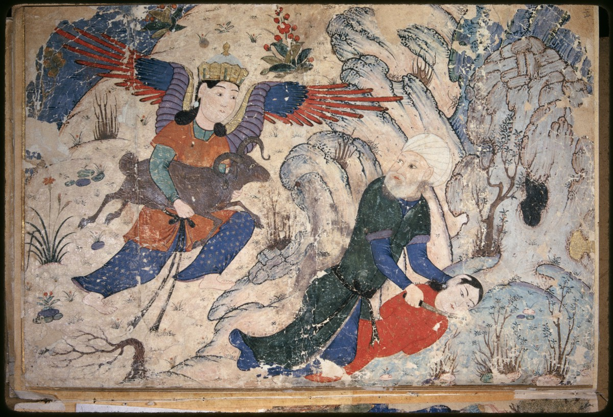 This artist had a different take on the scene: Ibrahim is surprised by the angel from behind, as he attempts to hold down and sacrifice his son-- much more aggressive! I think the look on his face is so expertly crafted. This is f. 119a from the 15th c. Fatih Album (TSM H. 2153)