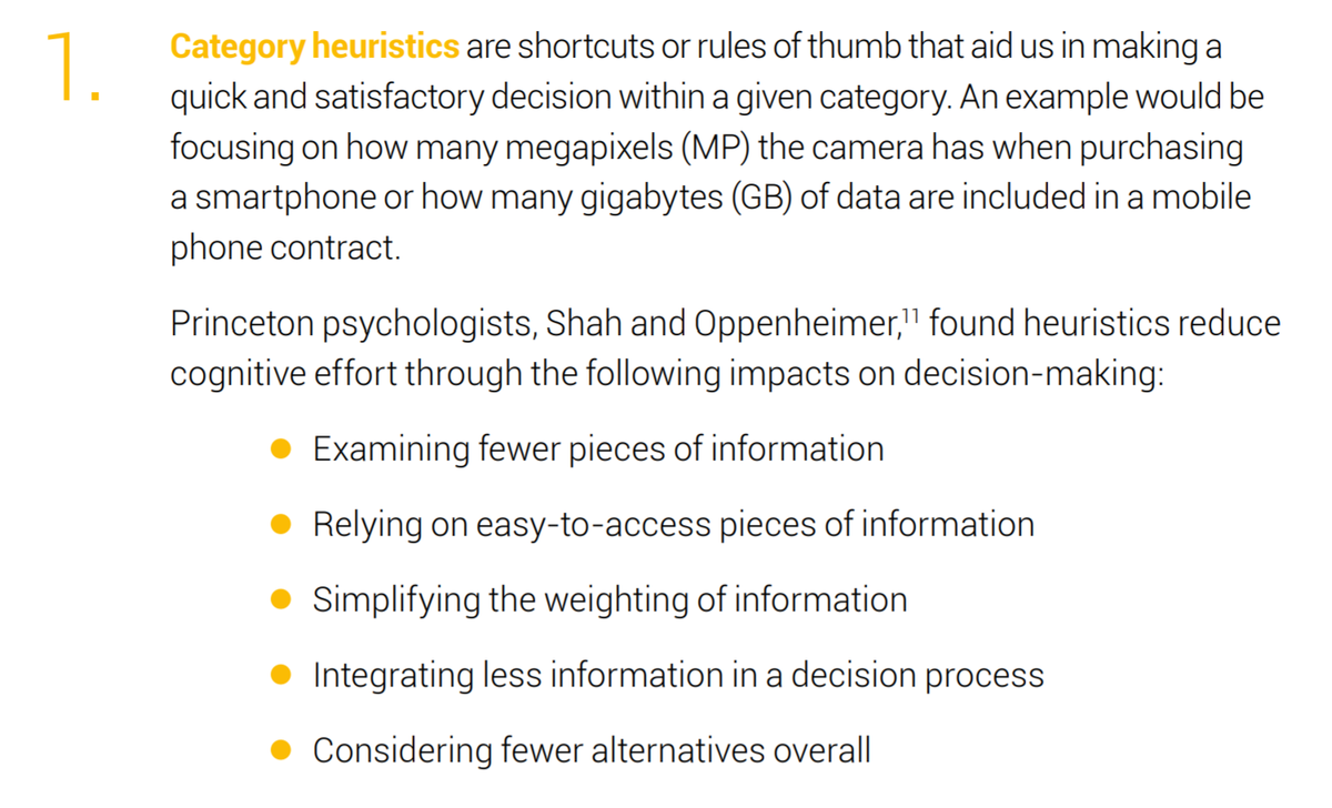 The Six Biases: 1.First is 'category heuristics'.These are mental shortcuts within particular categories that help speed up judgement re whether to purchase. For example "it's 20 megapixels so it must be better than the one that's 10"; "it's 24 karat gold", etc.