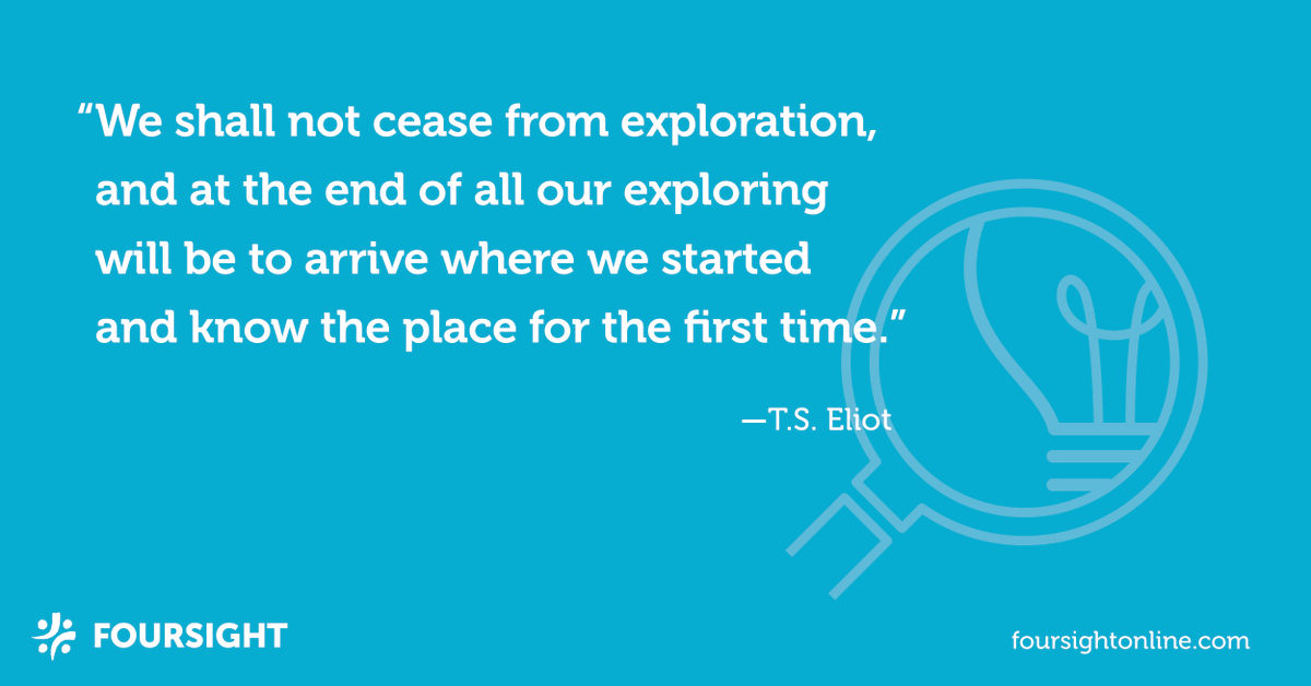 "We shall not cease from exploration, and at the end of all our exploring will be to arrive where we started and know the place for the first time." - T.S. Eliot