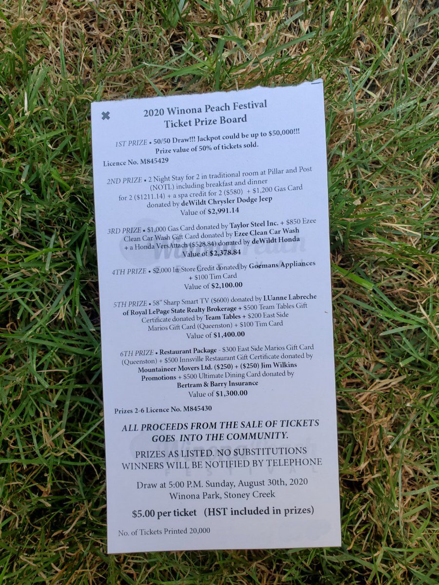 We've got our draw tickets ready for purchase! 🎟️🎟️
$5 each, with LOTS of great prizes! 
Check out our website for more, or email draw.wpf@hotmail.com to purchase! #winonapeachfest #draws #hamont