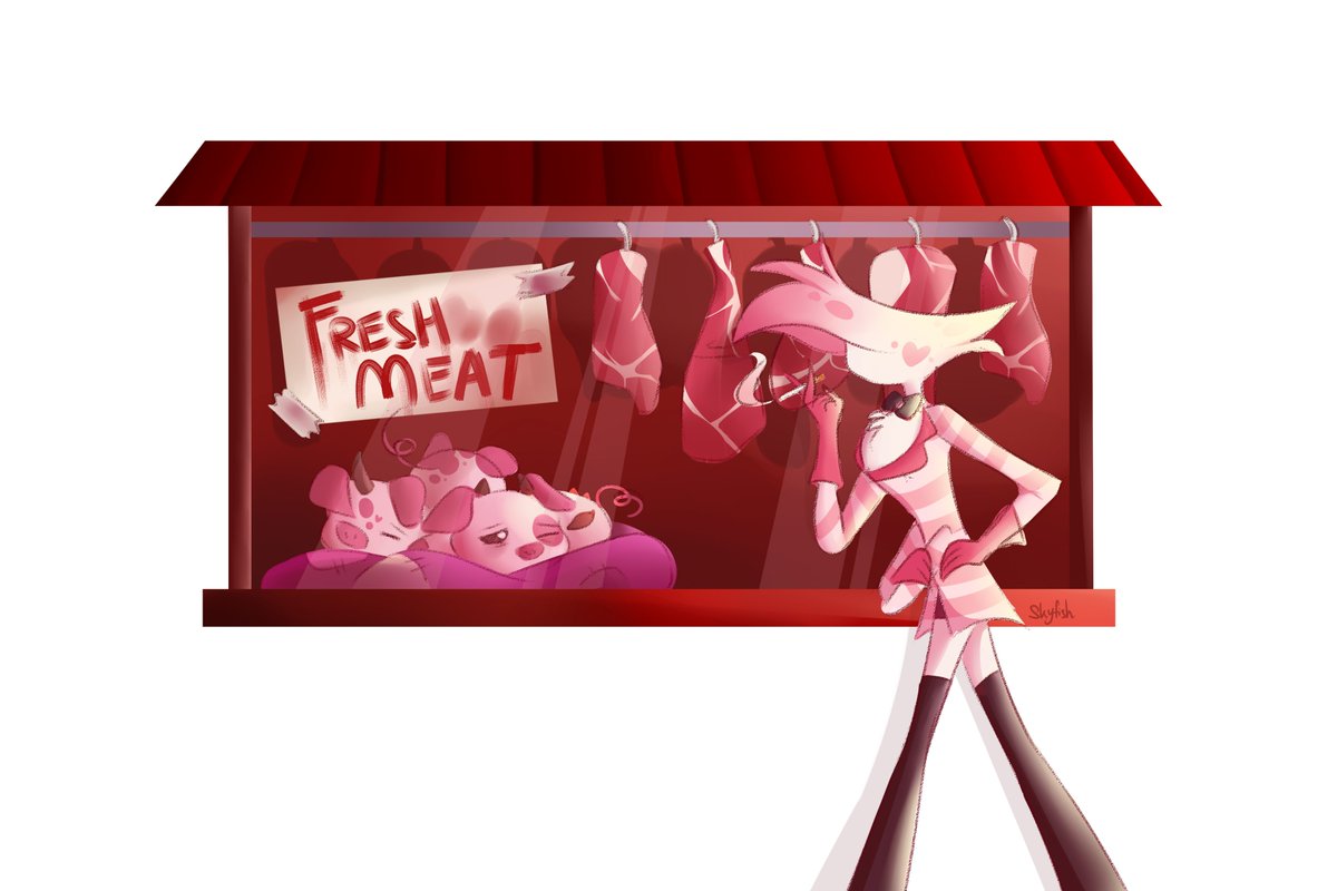 sky_fishhhh's tweet photo. Day 1: Adoption 

Okay, this is more of a first meeting, but I like the idea of Angel Dust meeting Nuggets at a butcher store and then going to save Nuggets from being butchered and immediately adopting him. 

#Fatnuggetsweek #AngelDust #FatNuggets #HazbinHotel https://t.co/GQ9fXCPTex