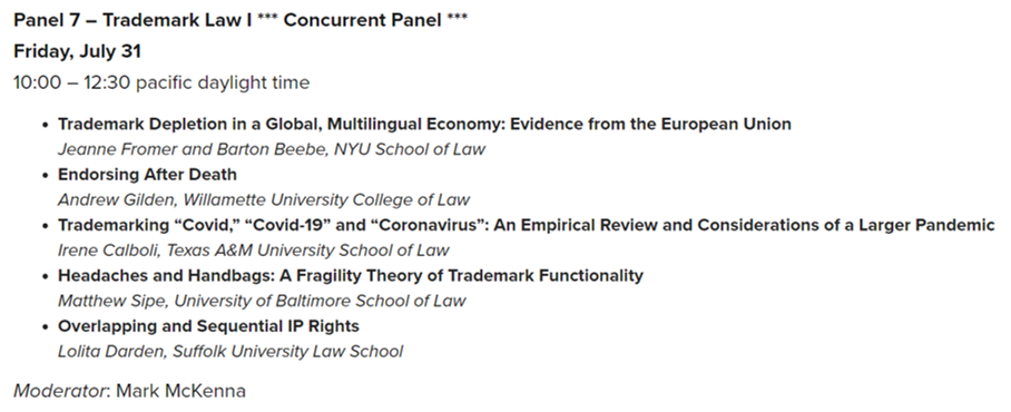 TAMUclip's tweet photo. .@TAMULawSchool prof @IreneCalboli presents empirical review of trademarking #COVID19 at #IPSC2020 alongside @JeanneFromer @BartonBeebe @nyulaw @andrew_gilden @WillametteLaw Matthew Sipe @ubaltlaw Lolita Darden @Suffolk_Law &amp; moderator @markpmckenna @NDLaw https://t.co/jjXwlkpAFt https://t.co/aMcDQXAksX